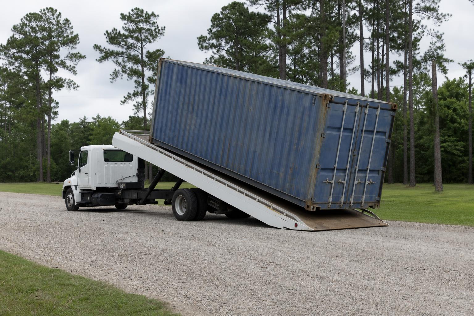 Tilt-bed truck sliding a 20ft container onto a gravel pad — the truck backs in, tilts, and the box slides off the back