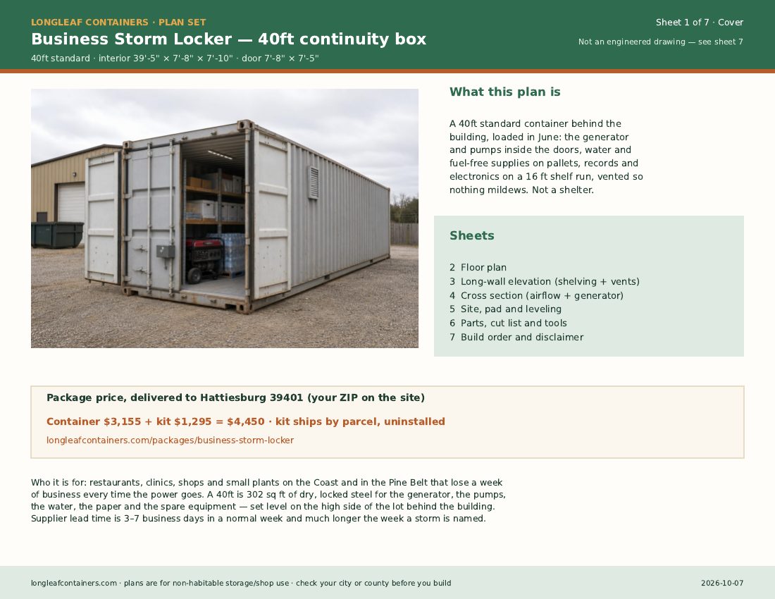 Business Storm Locker plan set: cover sheet