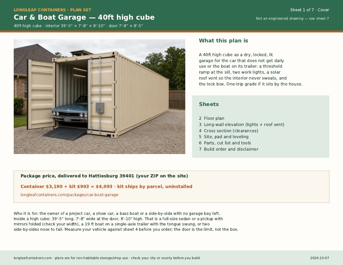 Car & Boat Garage plan set: cover sheet