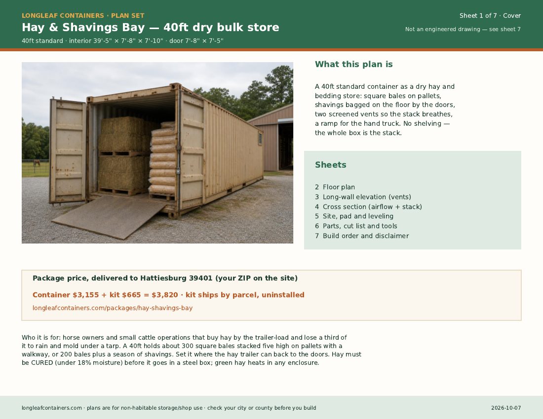 Hay & Shavings Bay plan set: cover sheet