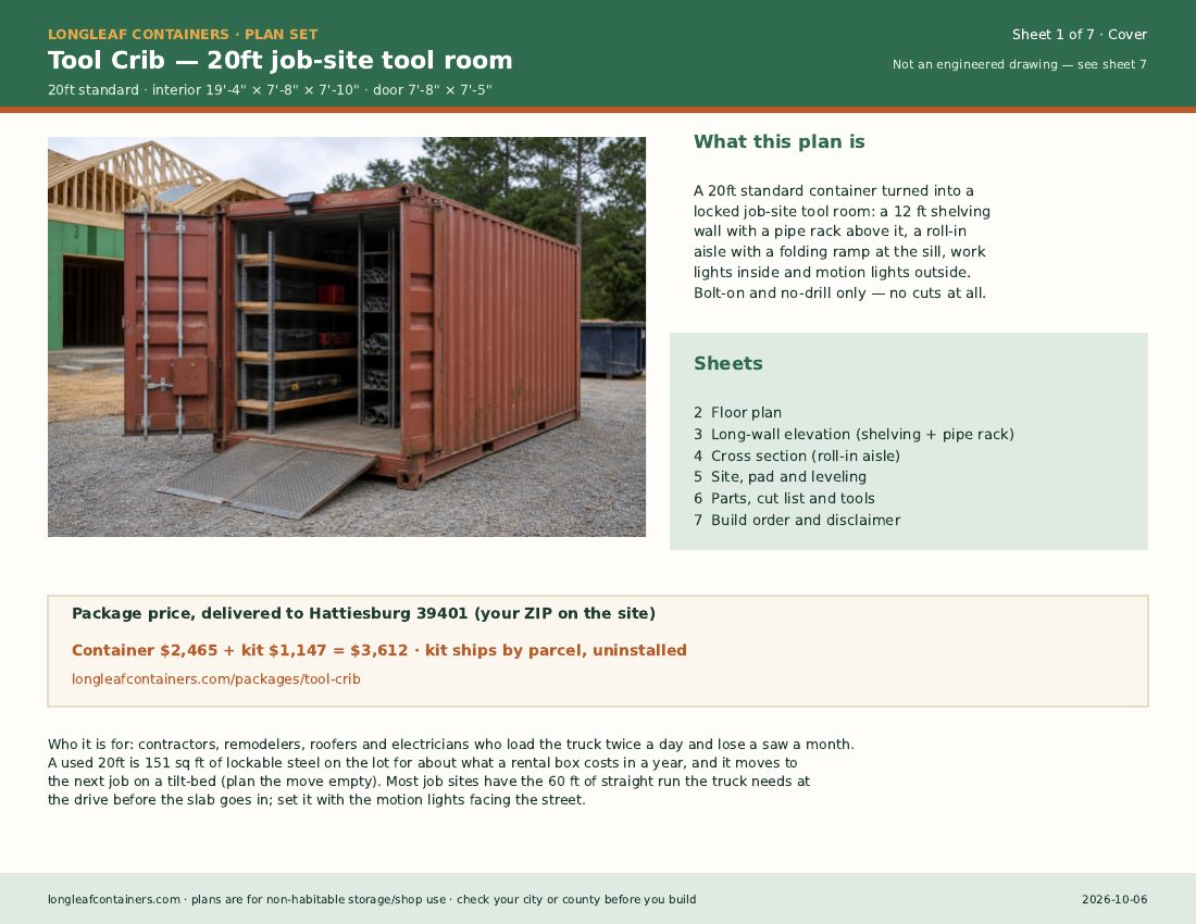 Tool Crib plan set: cover sheet